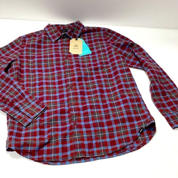 Prana Los Feliz Flannel Shirt Mens S Slim Fit Red Blue Plaid Rhubarb NWT - Picture 1 of 12